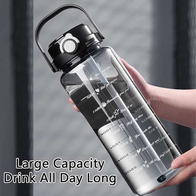 Plastic Water Bottle with Straw, 64 oz/2 L Large Water Bottle with Time Marker to Drink Leakproof Reusable Motivational Water Jug for Sports Gym Fitness Outdoor (Black)