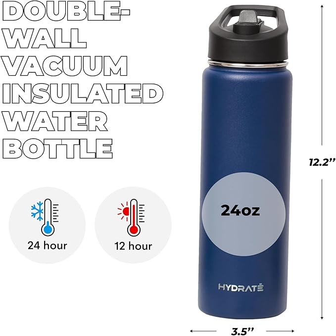 HYDRATE Insulated Stainless Steel Water Bottle - Large Reusable Flask with Leak-Proof Design and Convenient Handle - Double Vacuum Insulation for School, Work, or Adventure