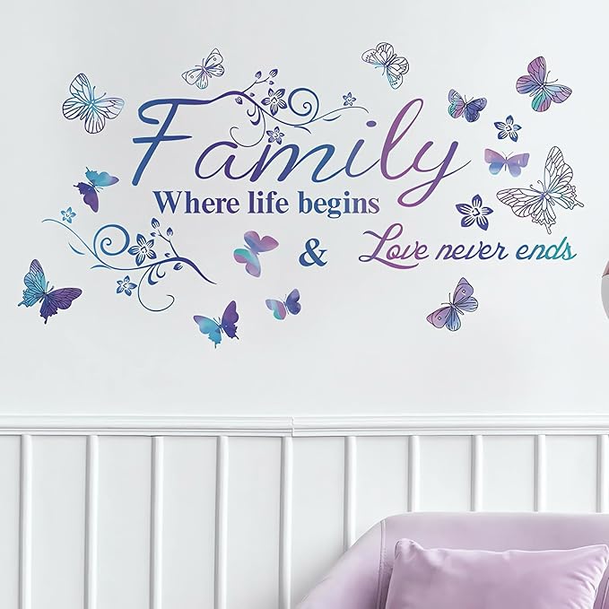 Family Wall Sticker, Inspirational Wall Decor Home Wall Decoration Warm Quotes Stickers Waterproof Removable Butterfly Sticker Letter Word Decal for Bedroom Dining Room Kitchen Wall Art Decor(Purple)