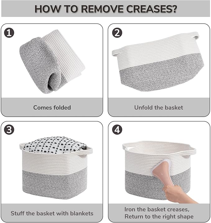 Goodpick Woven Storage Basket for Shelves, Small Laundry Basket for Cloth Towel Shoe, Empty Gift Basket with Handles, Grey and White Square Basket, 13 x 10 x 9 Inches