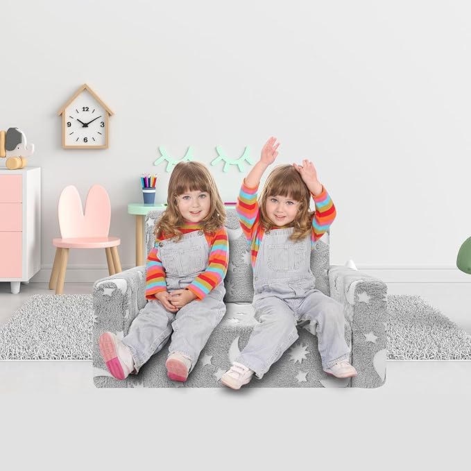 Toddler Chair, Toddler Couch, Kids Couch, Fold Out Kids Sofa Chair, Toddler Convertible Sofa to Lounger Pull Out Couch, Glow in The Dark Sofa Chair for Boys and Girls Large (Grey)…