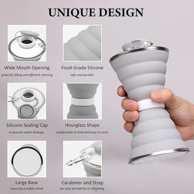 jessie Collapsible Water Bottles 17 oz Silicone Foldable Water Bottles Portable Travel Water Bottle with Buckle for Camping Hiking Sports Outdoor Gym Summer (Gray)