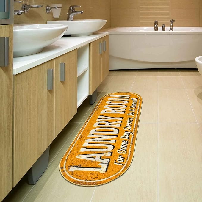 Ottomanson Laundry Collection Non-Slip Rubberback Laundry Text Design 2x5 Laundry Room Runner Rug, 20" x 59" Oval, Orange