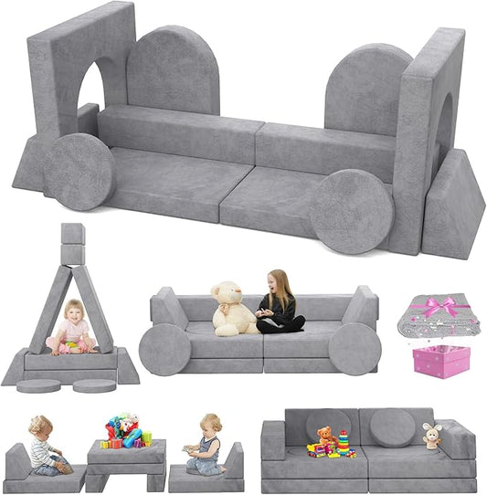 Kids Couch, 12PCS Modular Kids Play Couch with Blanket, Kids Sofa Couch for Playroom & Indoor, Convertible Toddler Couch for Girls and Boys