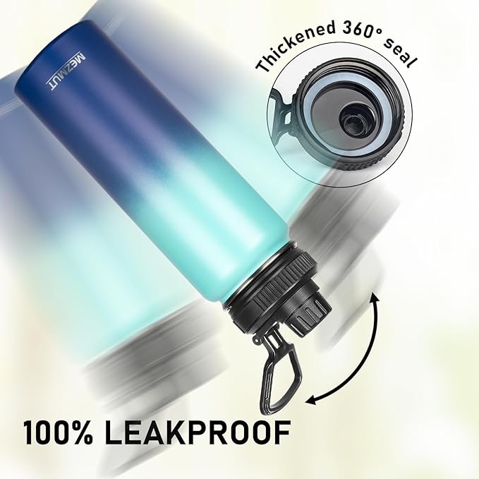 Insulated Water Bottle 24oz Stainless Steel Water Bottles with Straw&3 Lids Sports Metal Water Bottle Thermos Cup Double Walled Vacuum Insulated Bottles Leak-Proof Travel (Gradient Blue)