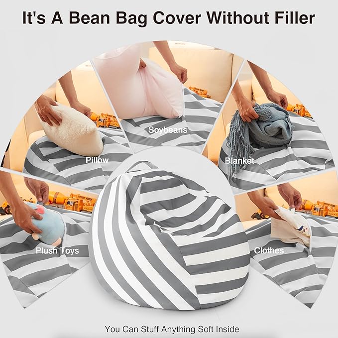 EXQ Home Kids Bean Bag Chairs Cover -Stuffed Animal Bean Bag Storage Grey and White Stripes-Zipper Bean Bag for Organizing Children Plush Toys Holiday Gift for Girl,Boys (XL)