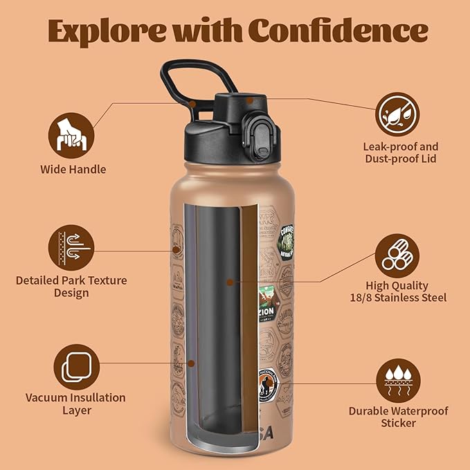 National Parks Water Bottle with Stickers and Straw,32oz Double Wall Vacuum Wide Mouth Insulated Water Bottle for Travel,BPA-free and Leak-proof (32oz,Mocha)