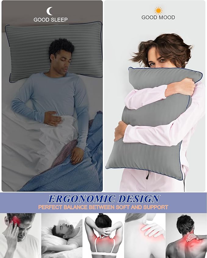 Bed Pillows for Sleeping Queen Size, Set of 2- Cooling, Luxury Hotel Quality with Premium Soft Down Alternative Filling for Back, Stomach or Side Sleepers, Light Grey