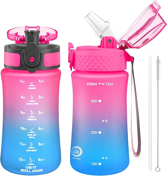 OLDLEY Kids Water Bottle for School, 12 oz (2 lids) BPA-Free Reusable Leak-Proof Durable Tritan Plastic Water Bottles with Straw & Chug Lids, Anti-dust Spout Cover (Rose Blue)
