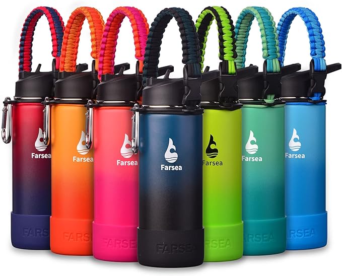 Farsea Insulated Water Bottle With Paracord Handle, Protective Silicone Boot and 2 Lids (Straw Lid & Spout Lid), Stainless Steel Water Bottle Wide Mouth, Double Wall Sweat-Proof BPA-Free, 18 oz