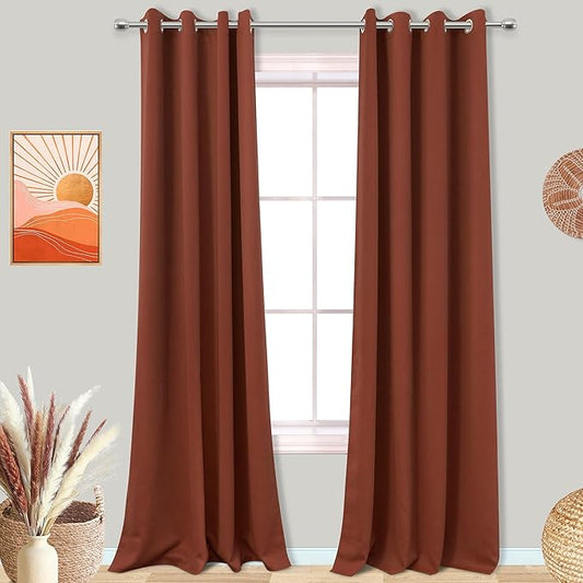 Mrs.Naturall Black Out Curtains 96 Inch Long for Living Room,Room Darkening Keep Heat Out Blackout Boho Curtain Drapes 96 Inches Long 2 Panels,Terracotta Rust