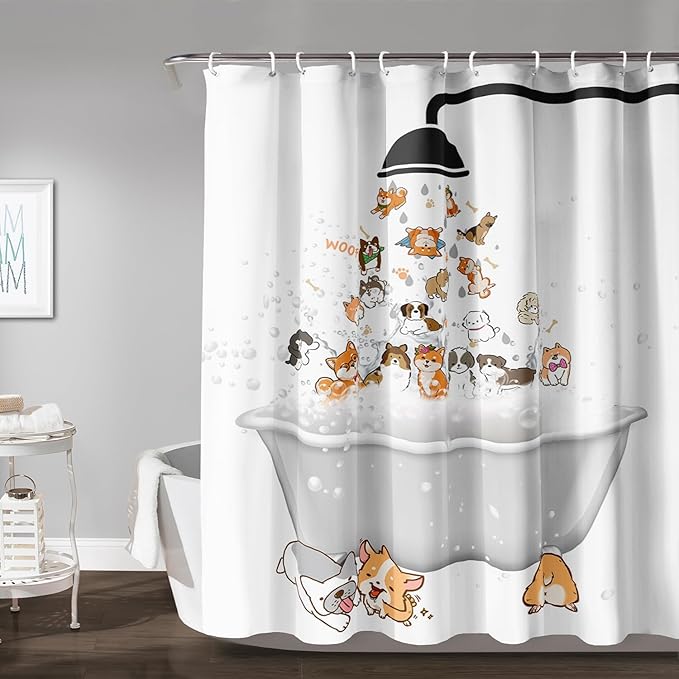 AILONEN Cute Corgi Shower Curtain for Kids 72" W*78" H Inch,Cartoon Dog Funny Animals Nursery Lovely Hilarious,12 Pack Hooks Polyester Waterproof Fabric Decor for Bathroom Bathtub Panels