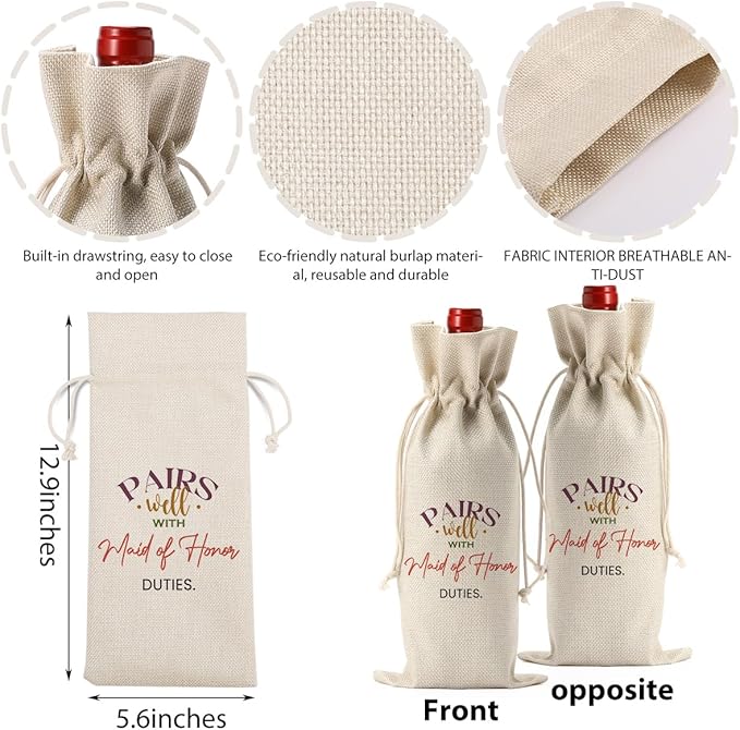 Maid of Honor Bridesmaid Proposal Gifts, Maid of Honor Bridesmaid Wine Bag, Wedding Engagement Gift for Maid of Honor Bridesmaid Wine Bottle Bag, Pairs Well with Maid of Honor Duties Wine Bags