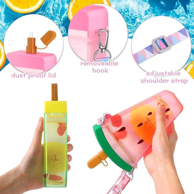 Patelai 8 Pcs Cute Water Bottles with Straw Kawaii Watermelon Ice Cream Cups Leak Proof Drinking Bottles with Adjustable Shoulder Strap for Sports Travel Camping(Classic Style)