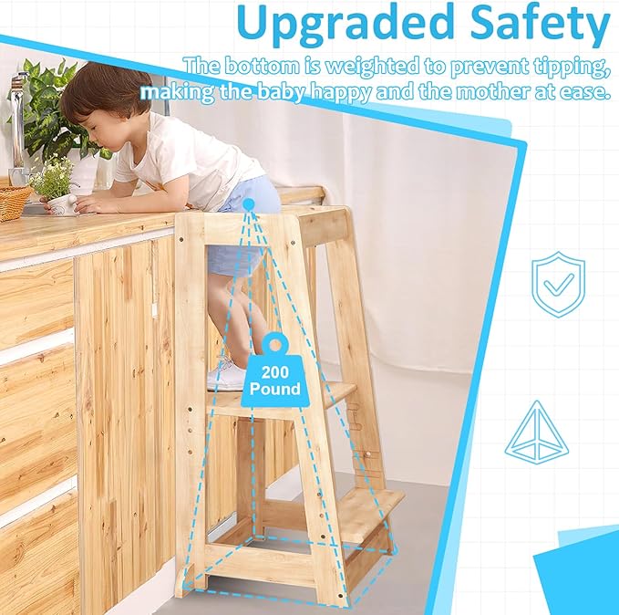 Kids Kitchen Step Stool, Step Stool for Toddlers, Adjustable Height Toddler Standing Tower, Anti-Slip Protection with guardrail, The Anti-Tipping Structure is More Stable (Natural)