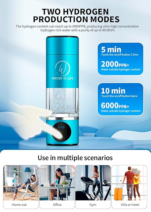 Premium Waterproof Hydrogen Water Ionizer Bottle with LED Light, Magnetic Charging Port, 6000 ppb Hydrogen Content, SPE Electrolysis Technology, Bottom Vent to Discharge Gases. (Grey)