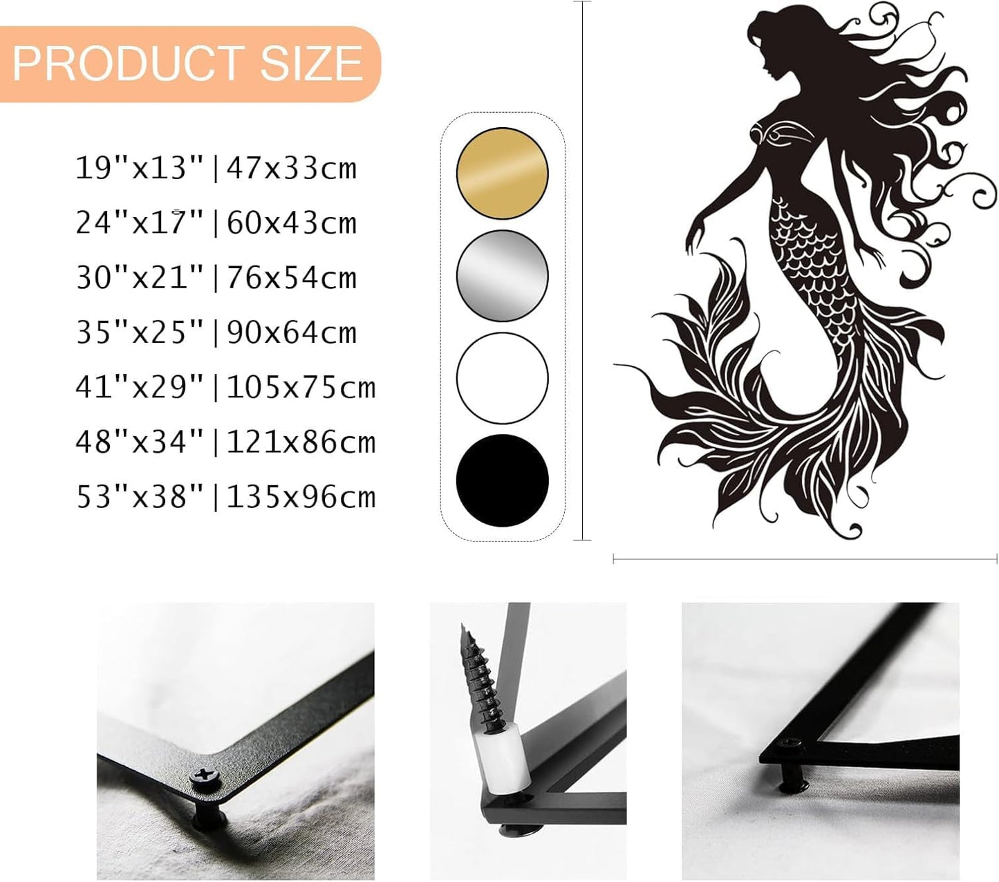 Veplsur Mermaid Metal Wall Art, Metal Mermaid Wall Decor, Marine Biology Wall Decor, Ocean Wall Art, Nautical Wall Hanging, Beach Hanging for Bathroom Bedroom (Black, 24"x17"|60x43cm)