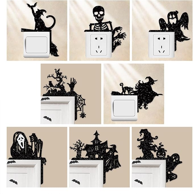 Removable 8 Pack Creative Halloween Switch Decals Black Ghost Skeleton Witch Door Frame Wall Decals Decorative Art Murals for Halloween Living Room Bedroom Bathroom Kitchen Light Switch Decor Decals