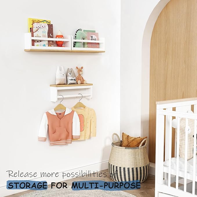 Small Kids Bookshelves Wall Mounted 3-Pack, White Floating Nursery Book Shelves for Kids Room Bedroom, Solid Wood Hanging Bookshelf Bookcase and Toy Storage Shelf for Baby Toddler Child