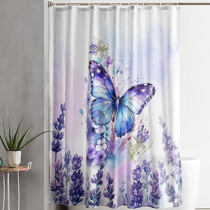 AILONEN Beautiful Butterfly Shower Curtain Bathroom 72" W*84" H Purple Butterfly Curtain Cloth Fabric Bathroom for Girls Kids,Deep Color Shower Curtain Set