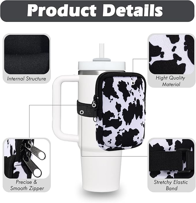Water Bottle Pouch Cup Accessories for Women Quencher Adventure IceFlow 20oz 30oz 40oz Tumbler Pouch with Handle Running Pouch Bag for Cards Keys(Cow)