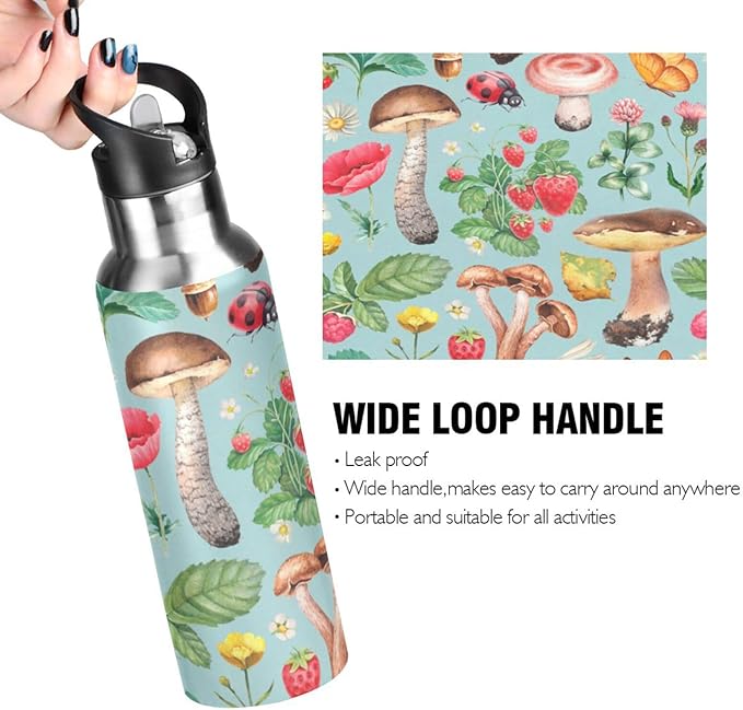 Alaza Summer Ladybug Strawberry Mushroom Water Bottle With Straw Lids Boys Girls,Vacuum Insulated Leakproof Stainless-Steel Sports Bottle Thermal Flask For Gym Yoga Camping,20Oz (600Ml)