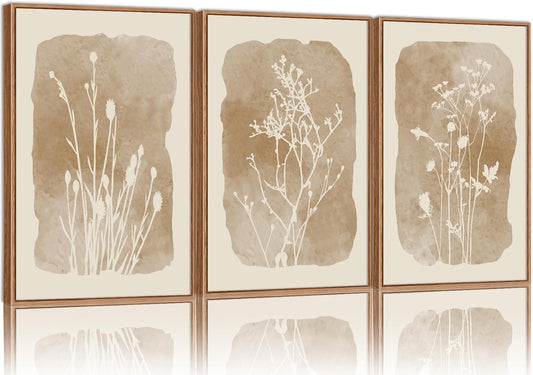 SIGNINART Boho Botanical Framed Canvas Wall Art Set, Neutral Wildflower Wall Decor, Vintage Floral Wall Painting, Art Print for Farmhouse Living Room, Bedroom, Office, Bathroom 16"x24"x3