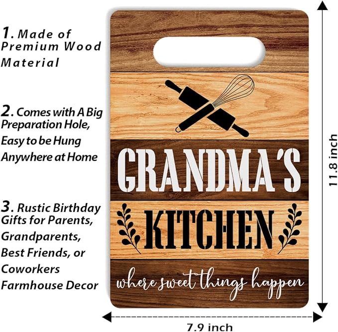 Farmhouse Kitchen Decor, Grandma Gift, Kitchen Signs Wall Decor, Grandma's Kitchen Where Sweet Things Happen Sign, Kitchen Gifts for Grandma Birthday 8 x 12 Inch