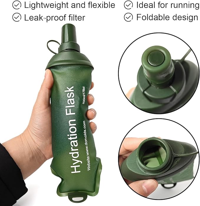 500ml Soft Flask, TPU Collapsible Soft Water Bottle for Hydration Pack, Running Vest, Folding Water Bottle for Hiking Cycling Climbing-1Pcs, Green