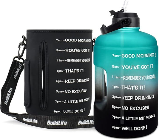 QuiFit 1 Gallon Water Bottle - with Straw & Motivational Time Marker Leak-Proof BPA Free Reusable Gym Sports Outdoor Large(128OZ) Capacity Water Jug(Green/Black with Sleeve,1 Gallon)