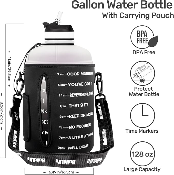 QuiFit Motivational Gallon Water Bottle - with Straw & Time Marker BPA Free Large Reusable Sport Water Jug with Handle for Fitness Outdoor Enthusiasts Leak-Proof