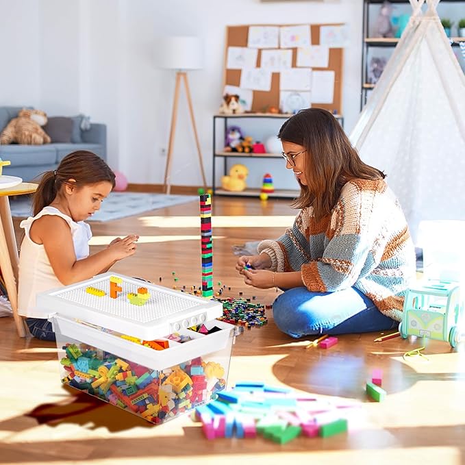 loobuu Plastic Storage Bins with Lids - 1 Set Stackable Arts Crafts Organizer Box with Removable Divided Tray &Compatible Building Baseplate,Toy Chest Containers for Bricks -White(14.37"x9.64"x6.69")