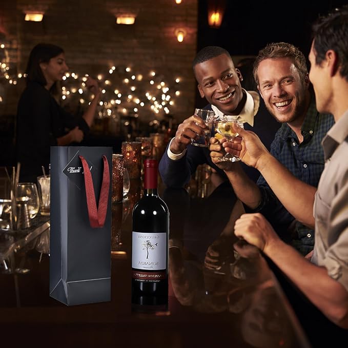 Wine Bags, 12 Packs, Strong Card Paper Wine Gift Bag with Ribbon Handles and Thank You Card, 4-3/8x 4 x 14 Fit 750ml Wine Bottle or Champagnes - Black 12