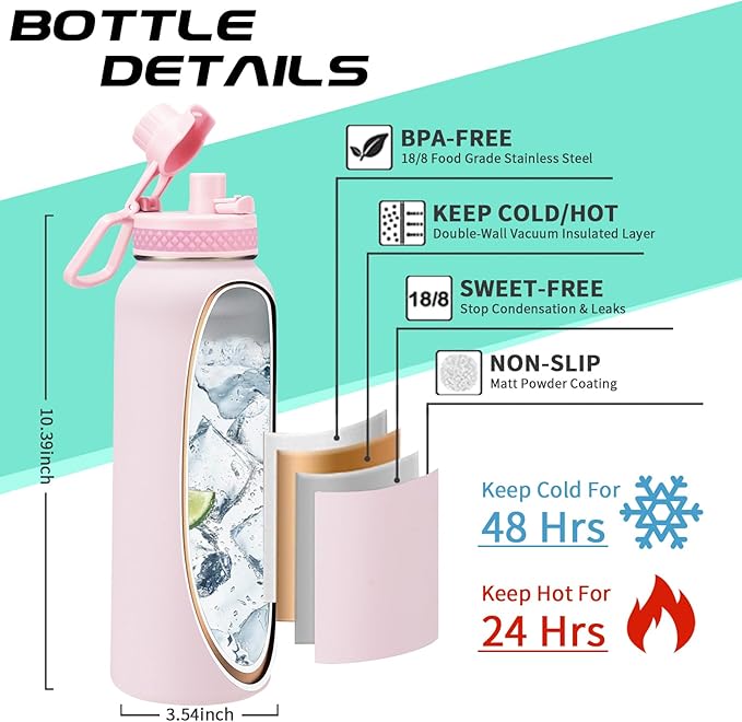 40 oz Insulated Water Bottles with Straw & Auto Chug Lid, Paracord Handle, Metal Flask Keep Cold-48H & Hot-24H, Double Vacuum Stainless Steel Travel Jug with Carrying Case for Gym Workout Running