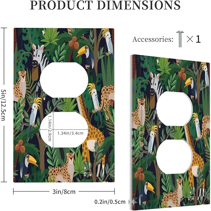 Cartoon Animal Zebra Leopard Giraffe Bird Leaf Single Duplex Wall Plate Covers Nursery Light Switch Cover 1 Gang Outlet Plate Decorative Electrical Receptacle Art Faceplate Switchplate for Kidroom