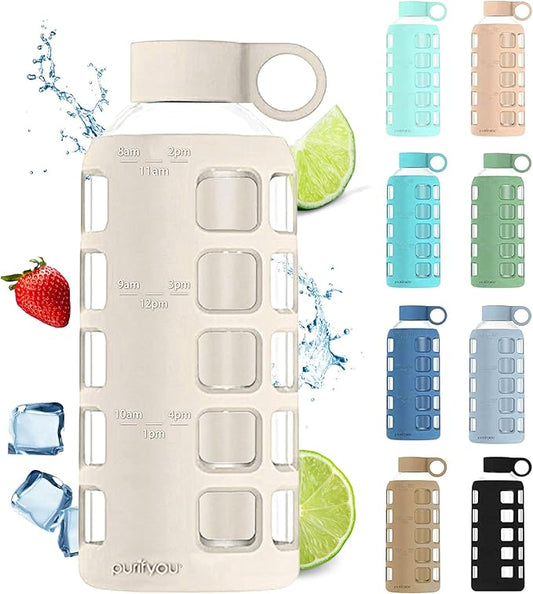 purifyou Premium 40/32 / 22/12 oz Glass Water Bottles with Volume & Times to Drink, Silicone Sleeve & Stainless Steel Lid Insert, Reusable Bottle for Fridge Water, Milk, Juice (22oz Pearled Ivory)