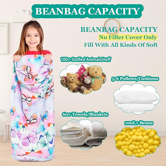 Stuffed Animal Bean Bag Storage Chair for Kids Cover Only (No Filler), Organize, Sit, Play & Boxing, 100% Cotton Canvas Washable, Ultra Soft Cylinder Long Vertical Zipper Best Gift for Child