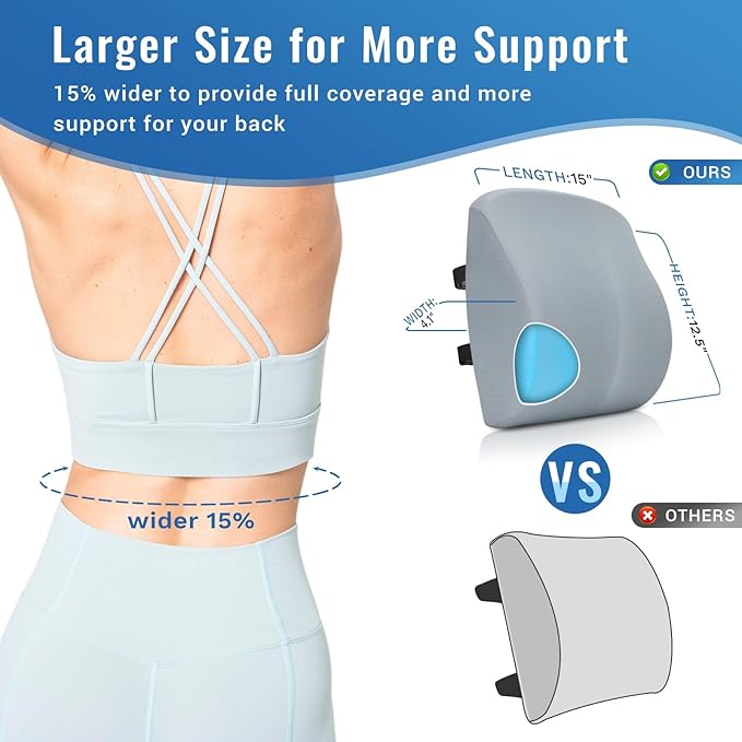 Lumbar Support Pillow for Office Chair Car Seat Cushion for Lower Back Sciatica Pain Relief Firm Memory Foam Pillows Wedge Chairs Cushions with Dual Straps (Cooling Grey)