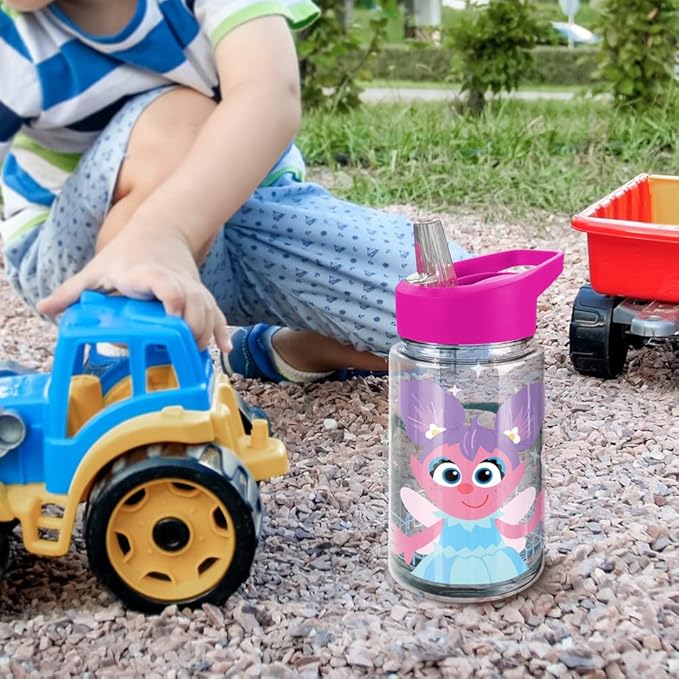 LOGOVISION Sesame Street Kids Tritan Plastic Water Bottle with Straw Lid and Handle, Reusable Tumbler for Toddlers, Unisex for Girls and Boys, 12oz, Big Abby