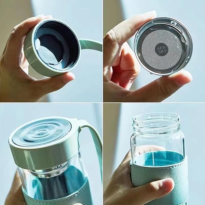 Snminetal 16 oz Borosilicate glass water bottle-with sealing cap and Holsters and filters Reusable Portable Glass drinking Bottle Apply to Make tea, coffee, office Go To School (Pink+Green)