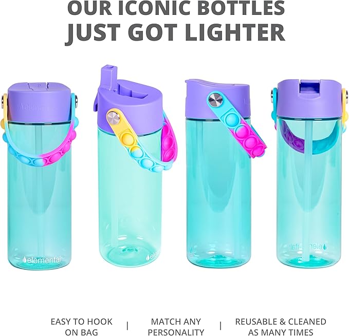Elemental Leak Proof Water Bottles for Kids - Splash Kids Water Bottle for School with Fun Fidget Pop-it Handle - BPA Free Tritan Plastic Reusable Water Bottle with Straw - Blue Tie Dye - 18oz