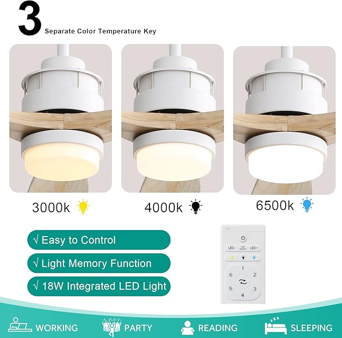 Sofucor 60" Ceiling Fan with Lights Remote Control, 3 Poles for Indoor Outdoor Ceiling Fan with Remote, Wood Ceiling Fan with 3 Color Temperature & Adjustable Brightness, Light Wood Grain