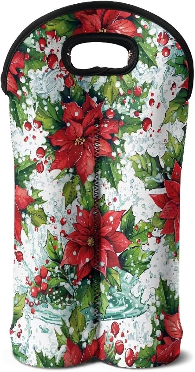 doginthehole Christmas Flowers Wine Carrier Tote Bag Two Bottle Champagne Carrying Bags Aesthetic Poinsettia Neoprene Wine/Water Bottle Holder with Carry Handle for Christmas Party, Travel