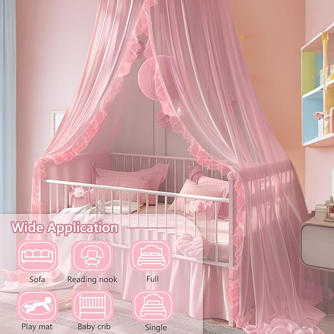 Daksha Princess Bed Canopy for Girls Room, Top and Door Trim with Lace Design, Pink Bed Canopy with Ruffles Fits Single, Twin, Full, and Queen Beds, Bedroom Decoration