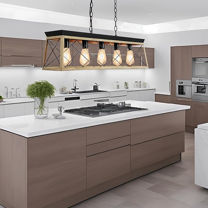 Dining Room Light Fixture/Chandelier Over Table, 5-Light Kitchen Island Lighting Hanging for Farmhouse Linear Chandeliers Matte Black Rustic Wood Pendant Ceiling Light Fixtures