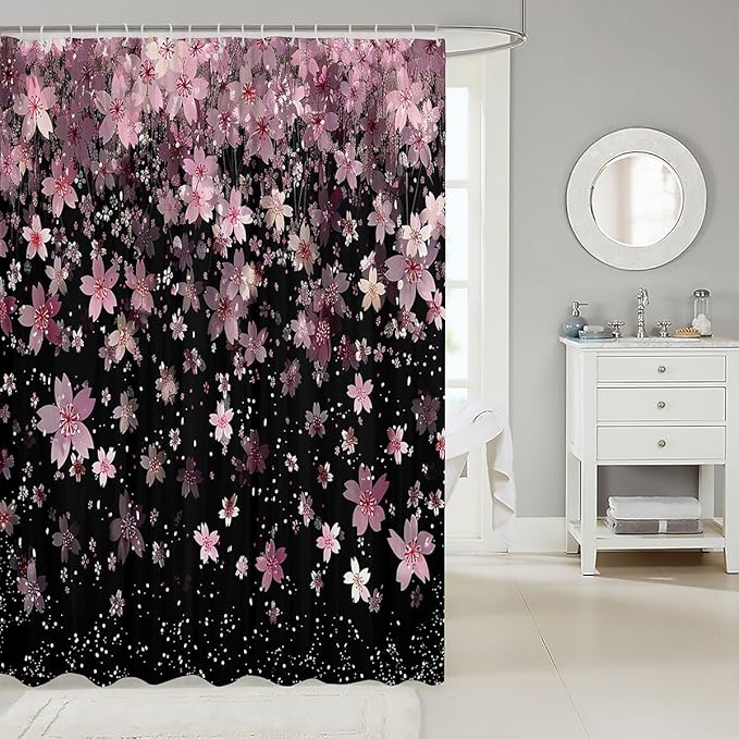 Feelyou Cherry Blossoms Shower Curtain 72"x78" Kids Sakura Flower Bathroom Shower Curtain Set for Boys Girls Teens Romantic Floral Botanical Bath Curtain Pink Black Bathroom Accessories