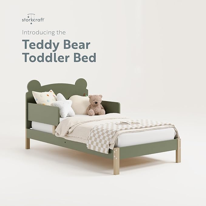 Storkcraft Teddy Bear Toddler Bed (Olive with Driftwood) - GREENGUARD Gold Certified, includes Toddler Safety Guardrails, Fits Standard Crib & Toddler Mattress, Stylish 2-Tone Design