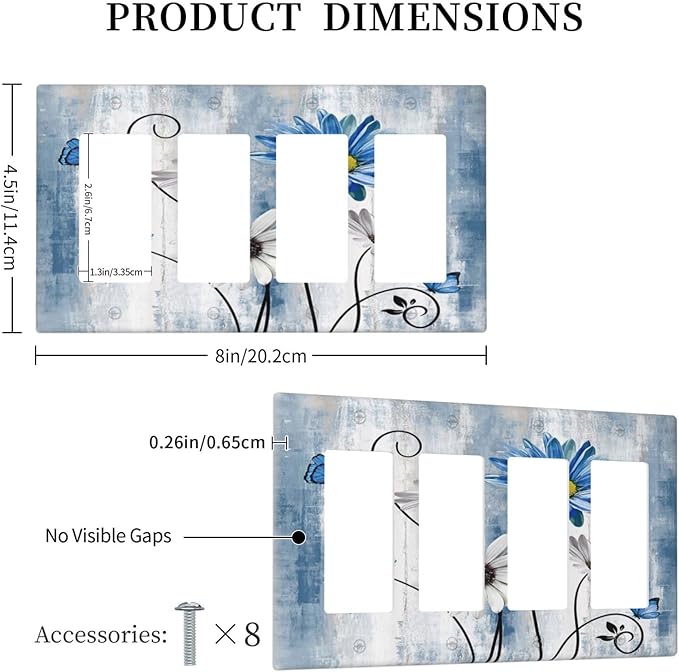 Rustic Teal Blue Daisy Floral 4 Gang Rocker Decora Light Switch Cover Outlet Covers Wall Plate Decorative Switchplate Electrical Faceplate GFCI for Country Bathroom Bedroom Kitchen Decor