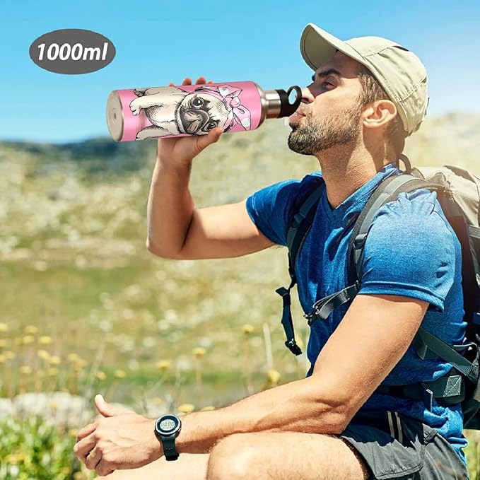 Blueangle 32 OZ Pink Headband Pug Water Bottle with Straw, Sports Water Bottle BPA Free Stainless Steel Water Jugs for Gym, Kitchen, Working, Outdoor（201）