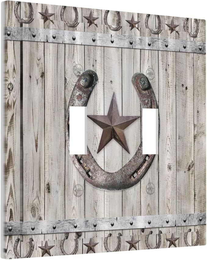 Rustic Western Wood Barn Door Horseshoe Iron Star Double Toggle Light Switch Covers 2 Gang Wall Plate Dual Decorative Switchplate Electrical Faceplate for Farmhouse Country Bedroom Decor
